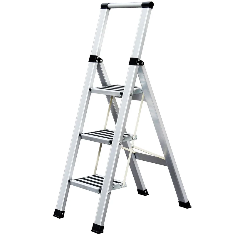 Tatkraft Adamant – Escabeau pliable 3 marches antidérapantes, jusqu’à 150 kg, aluminium ultraléger, garde-corps