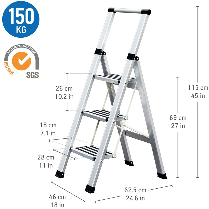 Tatkraft Adamant – Escabeau pliable 3 marches antidérapantes, jusqu’à 150 kg, aluminium ultraléger, garde-corps