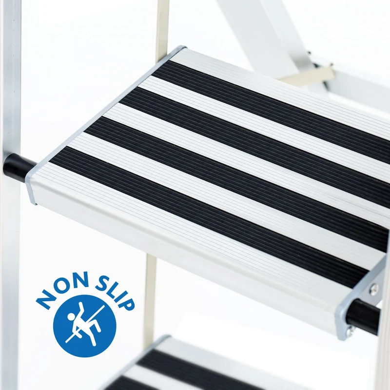 Tatkraft Adamant – Escabeau pliable 3 marches antidérapantes, jusqu’à 150 kg, aluminium ultraléger, garde-corps