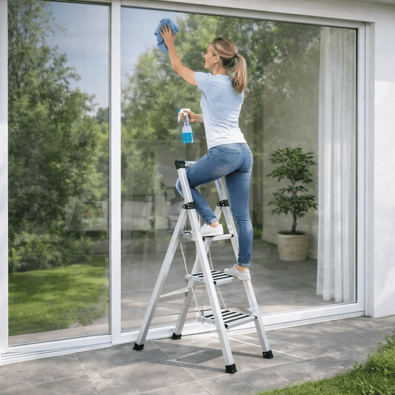 Tatkraft Adamant – Escabeau pliable 3 marches antidérapantes, jusqu’à 150 kg, aluminium ultraléger, garde-corps
