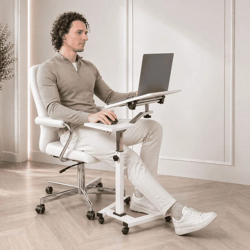 Tatkraft Like – Table réglable pour ordinateur portable sur roulettes, plateau inclinable, tablette pour souris, 67 × 70–99,5 × 52 cm, blanche