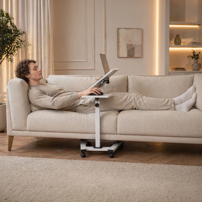 Tatkraft Like – Table réglable pour ordinateur portable sur roulettes, plateau inclinable, tablette pour souris, 67 × 70–99,5 × 52 cm, blanche