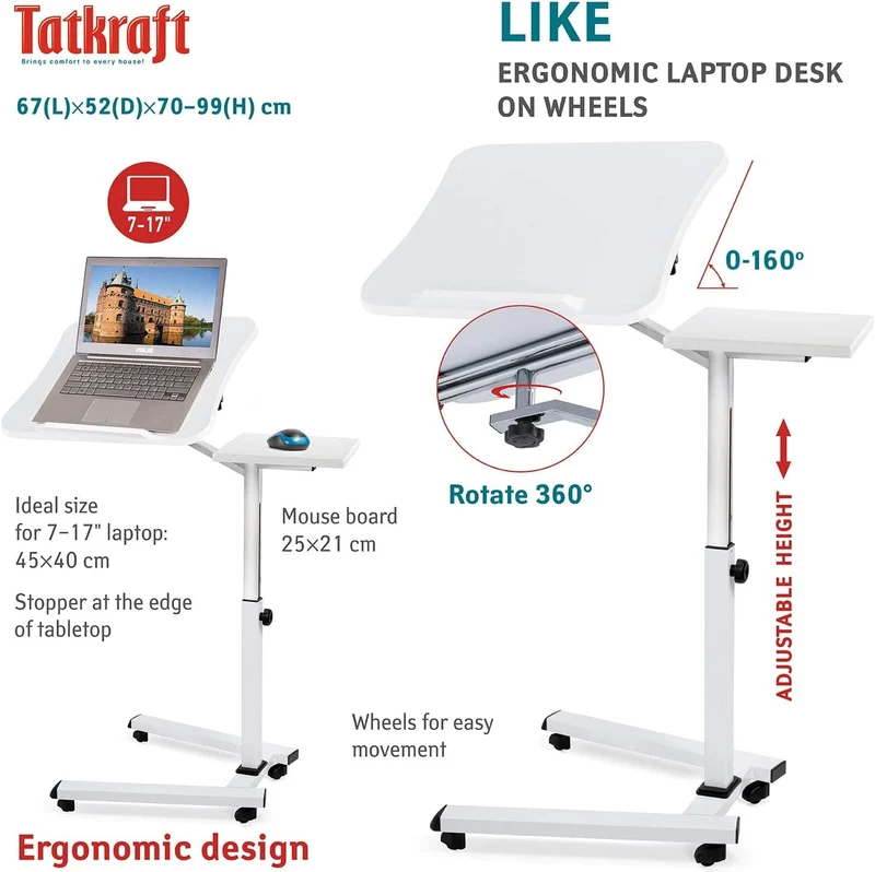 Tatkraft Like – Table réglable pour ordinateur portable sur roulettes, plateau inclinable, tablette pour souris, 67 × 70–99,5 × 52 cm, blanche