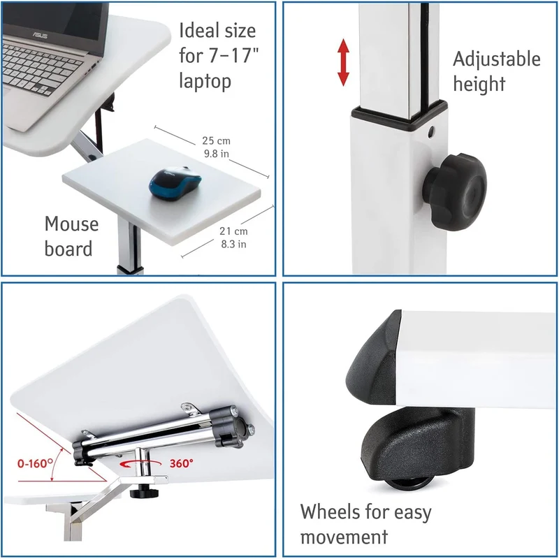 Tatkraft Like – Table réglable pour ordinateur portable sur roulettes, plateau inclinable, tablette pour souris, 67 × 70–99,5 × 52 cm, blanche