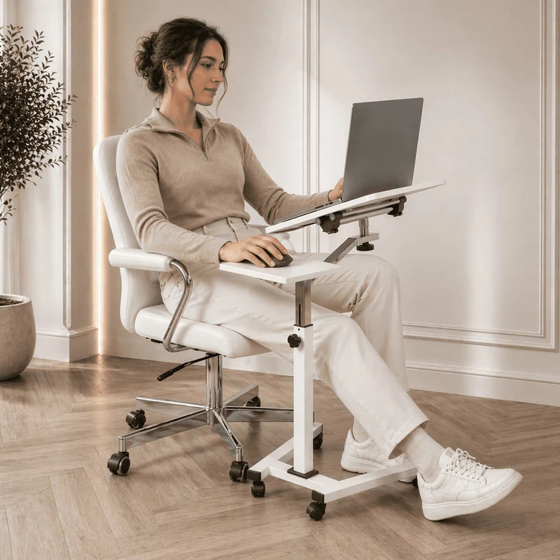 Tatkraft Like – Table réglable pour ordinateur portable sur roulettes, plateau inclinable, tablette pour souris, 67 × 70–99,5 × 52 cm, blanche