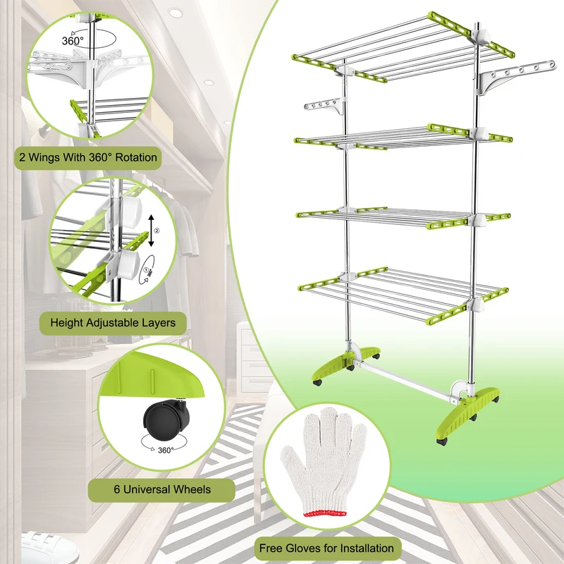 Étendoir à Linge, 4 Étagères (Ailes, Vert/Blanc)