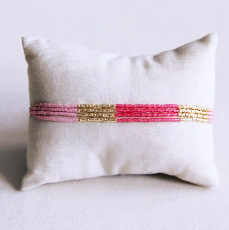 BRACELET PERLES - rose/magenta/doré