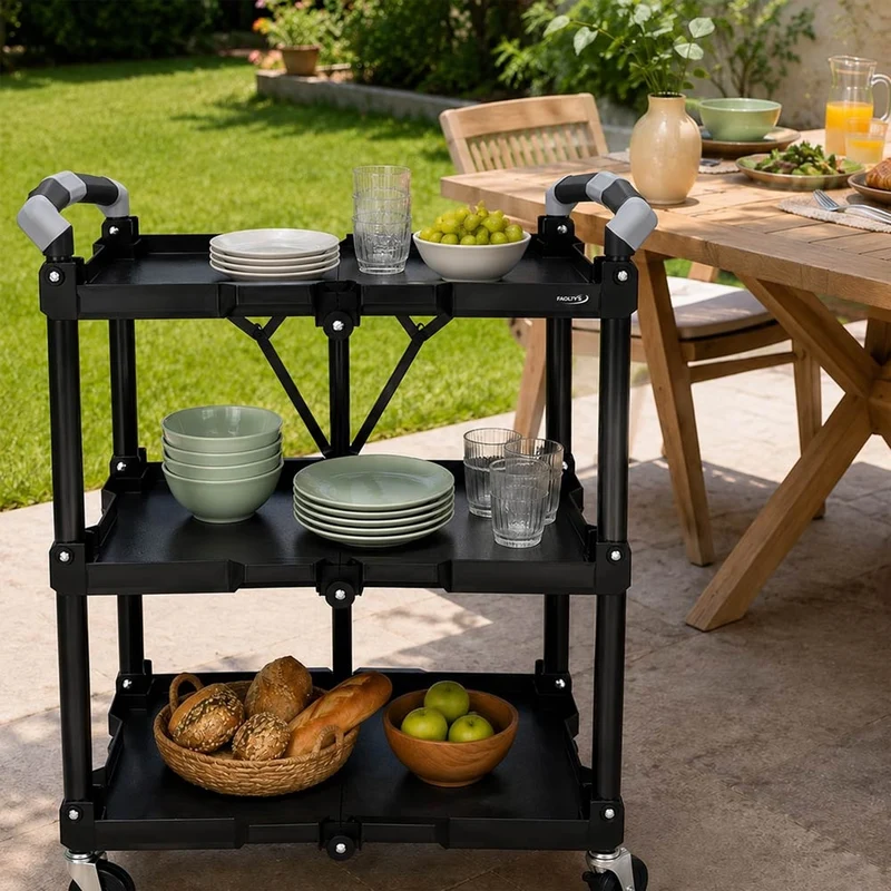 DESSERTE A ROULETTES PLIABLE STRUCTURE EN ALUMINIUM NOIR L 65,8 X L 44 XH 85,5 CM