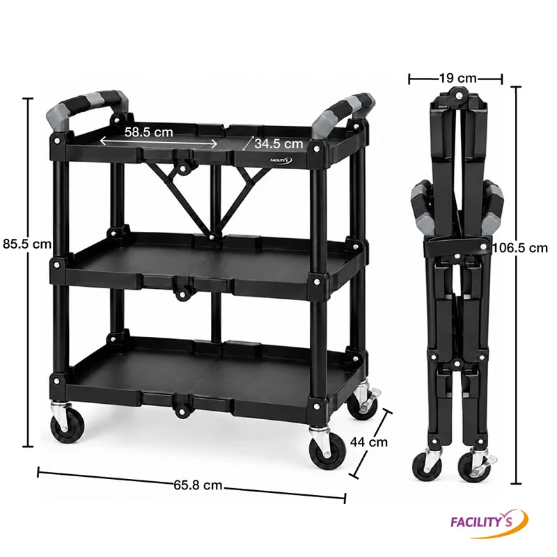 DESSERTE A ROULETTES PLIABLE STRUCTURE EN ALUMINIUM NOIR L 65,8 X L 44 XH 85,5 CM