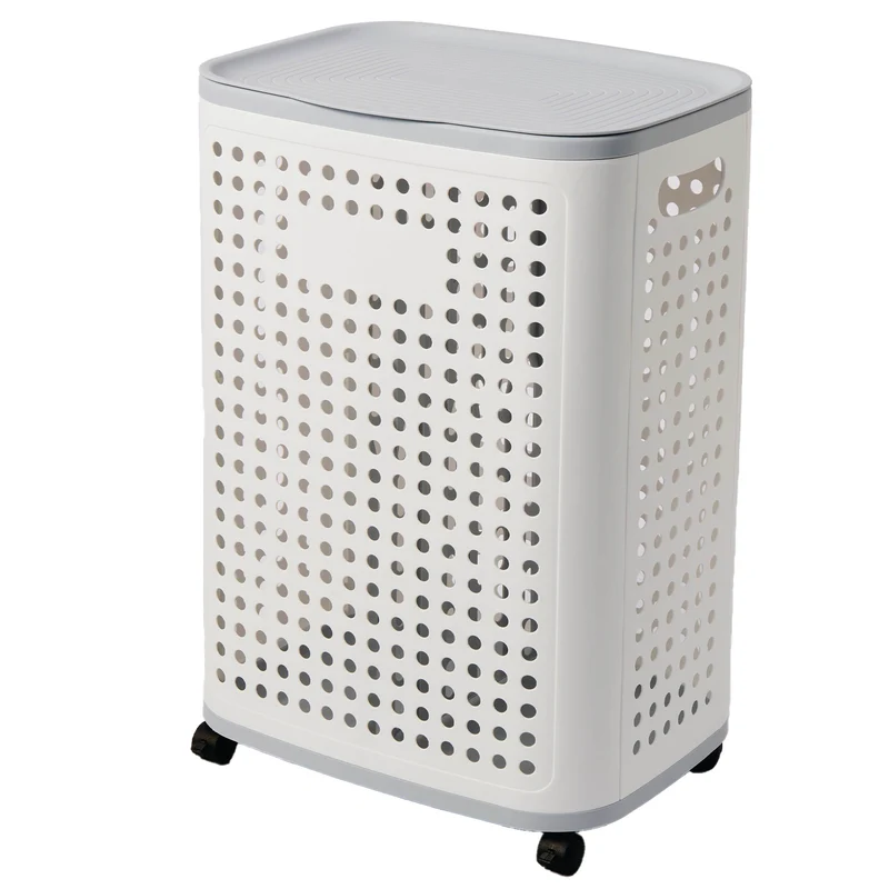 Panier à Linge Sale Pliable 60L LARS avec Couvercle et Roulettes Bac à Linge Plastique Rigide Aéré Anti-Humidité, Corbeille de Rangement Mobile avec Poignées pour Salle de Bain, Buanderie, Chambre et Dressing