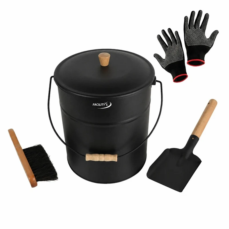 SEAU A CENDRES AVEC COUVERCLE EN ACIER 4 PIECES 15L METAL BOIS NOIR