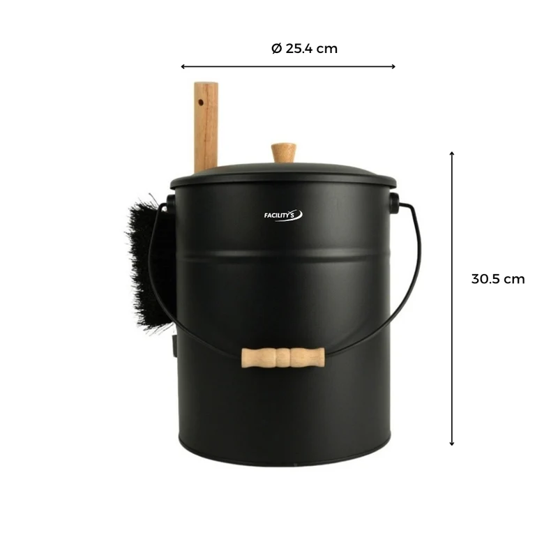SEAU A CENDRES AVEC COUVERCLE EN ACIER 4 PIECES 15L METAL BOIS NOIR