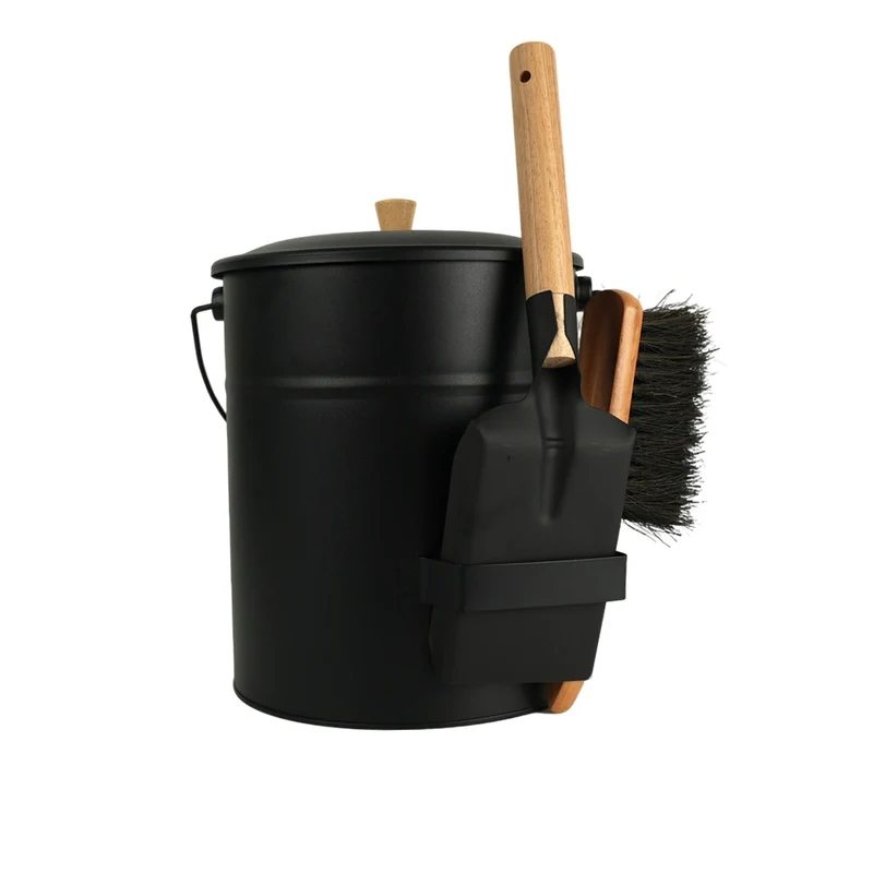 SEAU A CENDRES AVEC COUVERCLE EN ACIER 4 PIECES 15L METAL BOIS NOIR