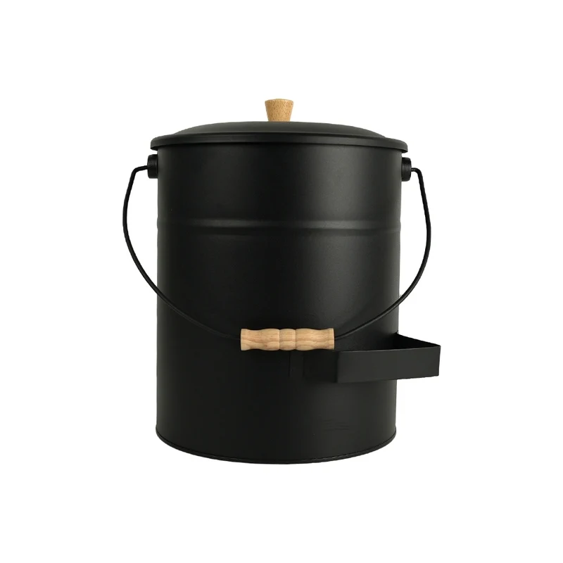 SEAU A CENDRES AVEC COUVERCLE EN ACIER 4 PIECES 15L METAL BOIS NOIR