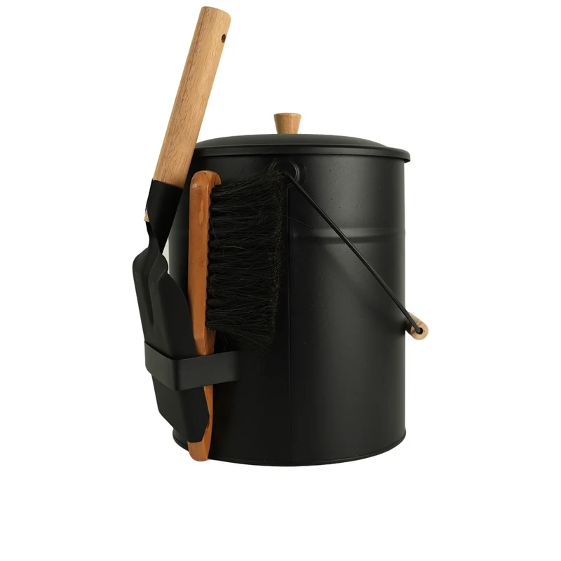 SEAU A CENDRES AVEC COUVERCLE EN ACIER 4 PIECES 15L METAL BOIS NOIR