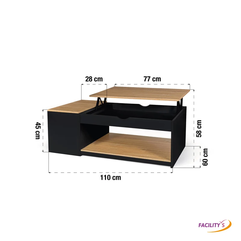 TABLE BASSE PLATEAU RELEVABLE AVEC COFFRE