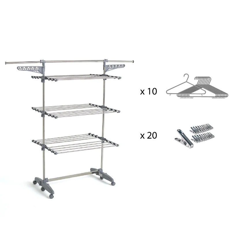 Séchoir à linge étendoir multifonction 25M EXTRA avec 30 accessoires 3 niveaux Gris et Inox