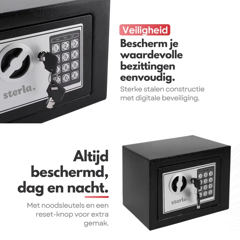 Sterla Elektronische Kluis Met Cijferslot – Incl. 2 Noodsleutels en Bevestigingsmateriaal – Veilig en Betrouwbaar – Zwart – 23x17x17 cm