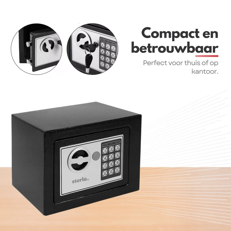 Sterla Elektronische Kluis Met Cijferslot – Incl. 2 Noodsleutels en Bevestigingsmateriaal – Veilig en Betrouwbaar – Zwart – 23x17x17 cm