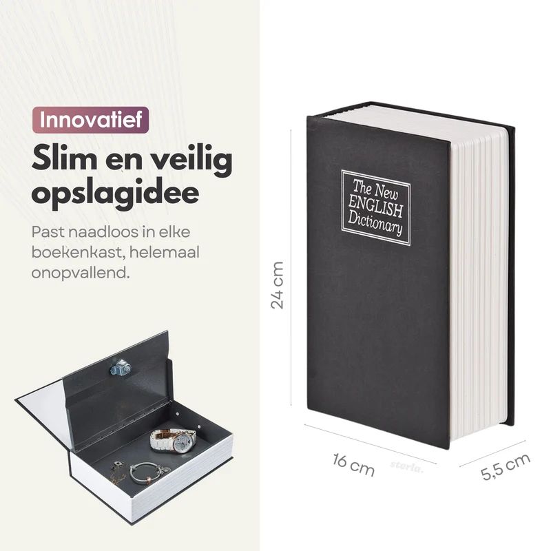 Sterla Boekkluis – Discrete Geldkluis in Boekvorm – Veilig Geldkistje Met Sleutel – Compact Ontwerp 24 x 16 x 55 cm – Zwart
