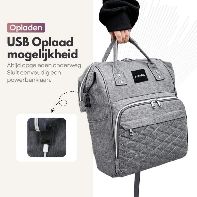 Sterla Luiertas Rugzak met USB-Aansluiting – Ruime Mama Tas met Geïsoleerde Vakken - Inclusief Kinderwagen Haken en Waterafstotend Materiaal – Grijs