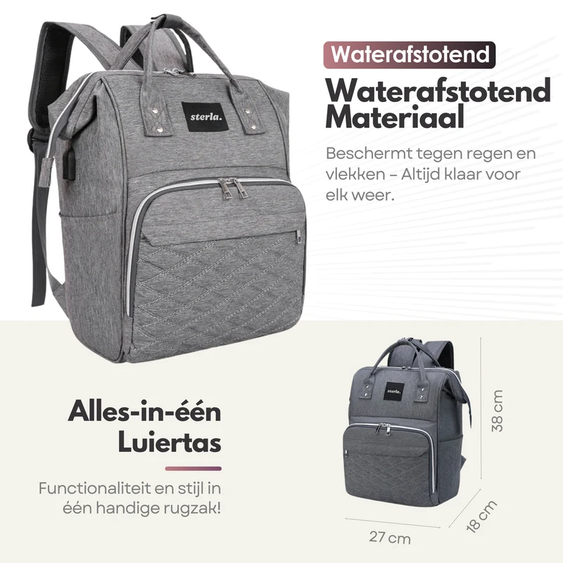 Sterla Luiertas Rugzak met USB-Aansluiting – Ruime Mama Tas met Geïsoleerde Vakken - Inclusief Kinderwagen Haken en Waterafstotend Materiaal – Grijs