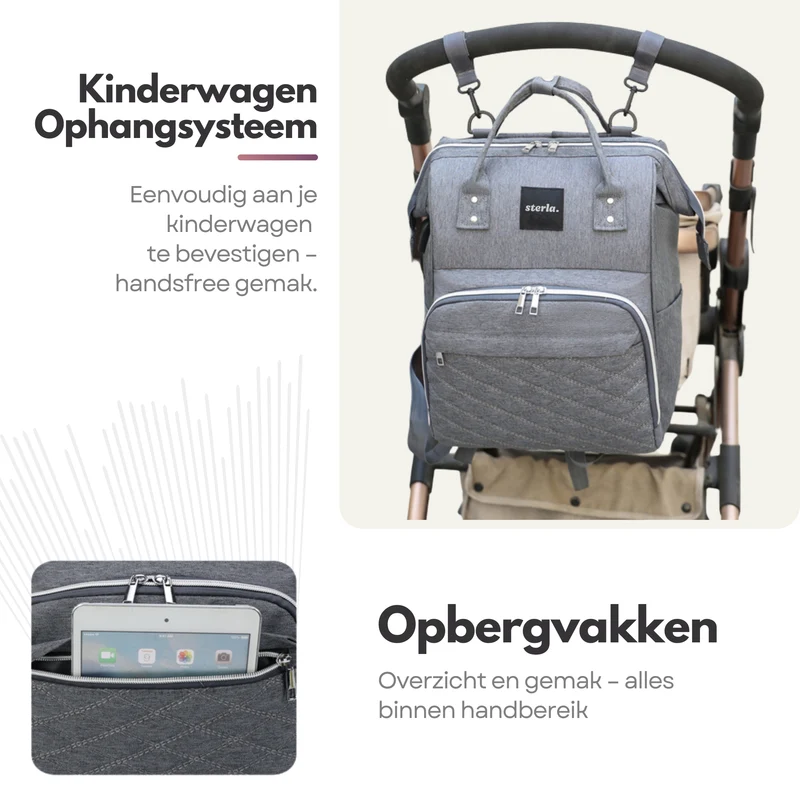 Sterla Luiertas Rugzak met USB-Aansluiting – Ruime Mama Tas met Geïsoleerde Vakken - Inclusief Kinderwagen Haken en Waterafstotend Materiaal – Grijs