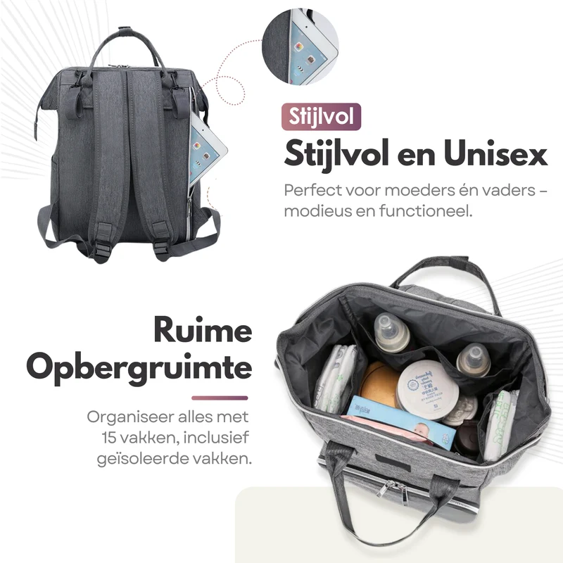 Sterla Luiertas Rugzak met USB-Aansluiting – Ruime Mama Tas met Geïsoleerde Vakken - Inclusief Kinderwagen Haken en Waterafstotend Materiaal – Grijs