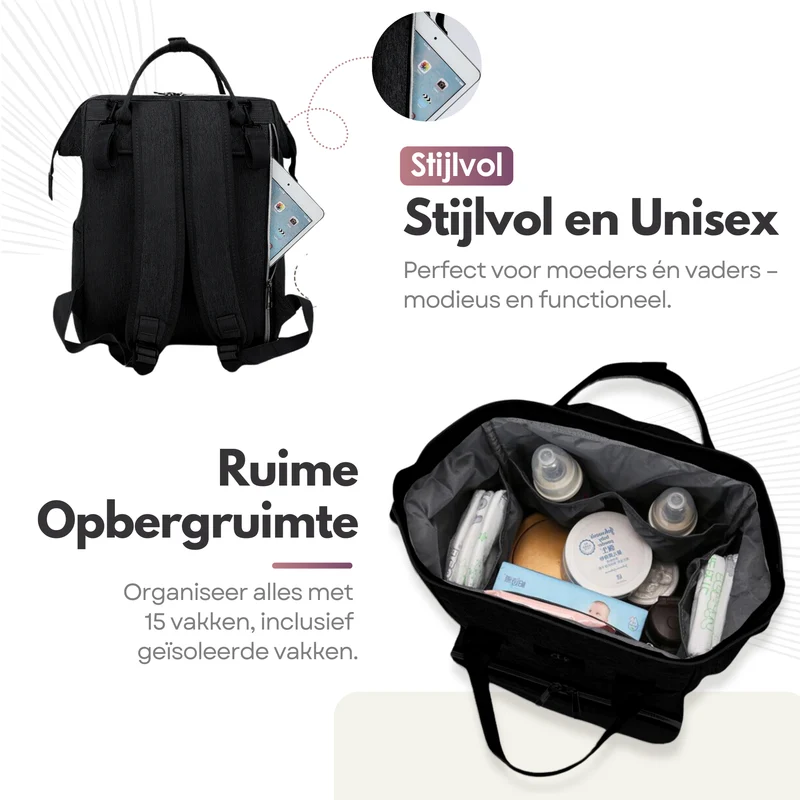 Sterla Luiertas Rugzak met USB-Aansluiting – Ruime Mama Tas met Geïsoleerde Vakken - Inclusief Kinderwagen Haken en Waterafstotend Materiaal – Zwart