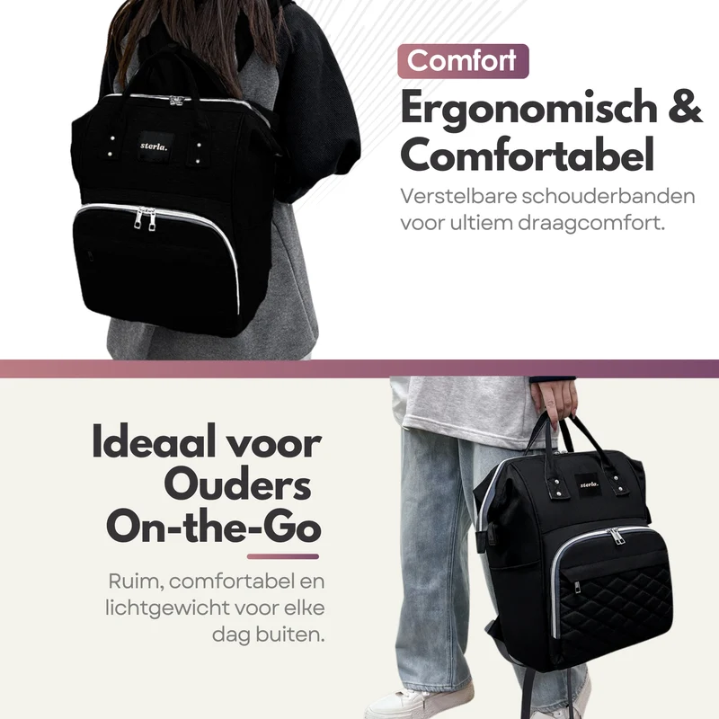 Sterla Luiertas Rugzak met USB-Aansluiting – Ruime Mama Tas met Geïsoleerde Vakken - Inclusief Kinderwagen Haken en Waterafstotend Materiaal – Zwart