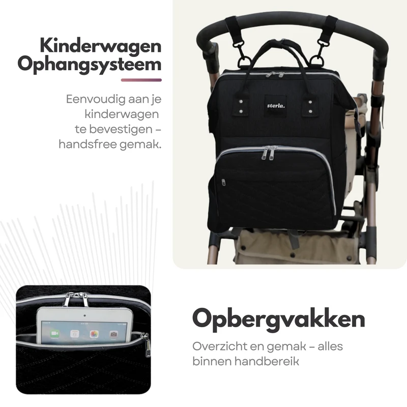 Sterla Luiertas Rugzak met USB-Aansluiting – Ruime Mama Tas met Geïsoleerde Vakken - Inclusief Kinderwagen Haken en Waterafstotend Materiaal – Zwart