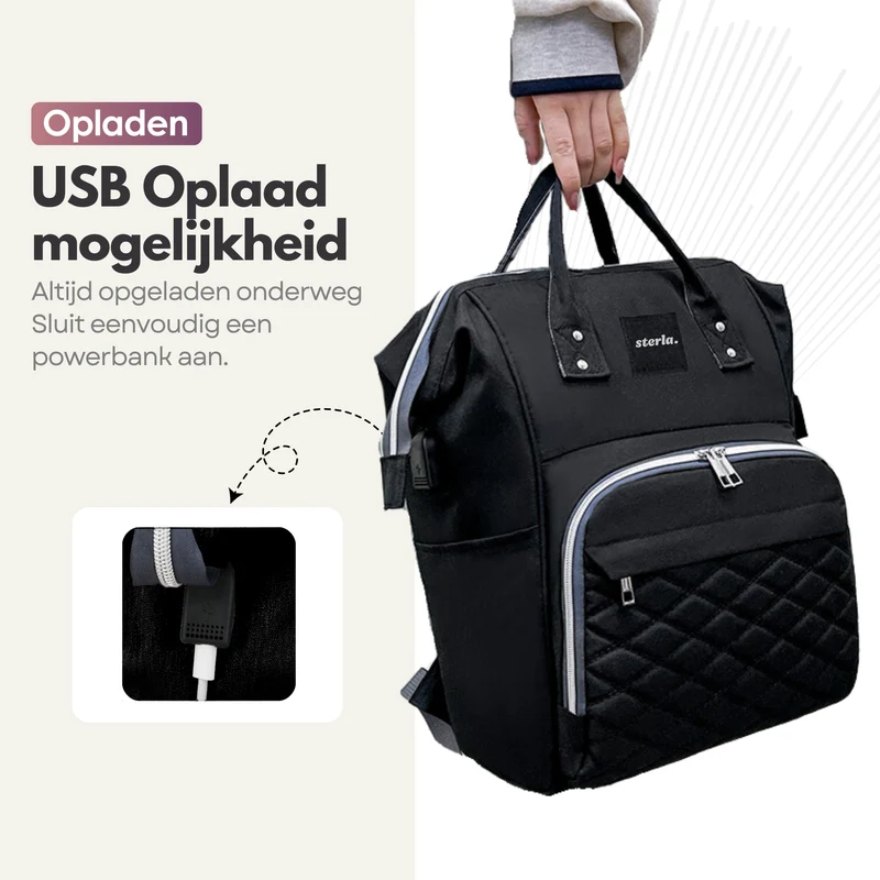 Sterla Luiertas Rugzak met USB-Aansluiting – Ruime Mama Tas met Geïsoleerde Vakken - Inclusief Kinderwagen Haken en Waterafstotend Materiaal – Zwart