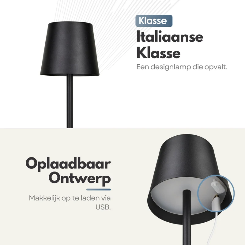 Oplaadbare Tafellamp met 3 Kleuren Dimbare LED's - 38cm Tafel Touch Lamp - 5200mAh Batterij - Zwart