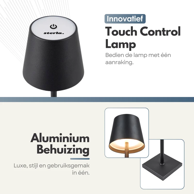 Oplaadbare Tafellamp met 3 Kleuren Dimbare LED's - 38cm Tafel Touch Lamp - 5200mAh Batterij - Zwart