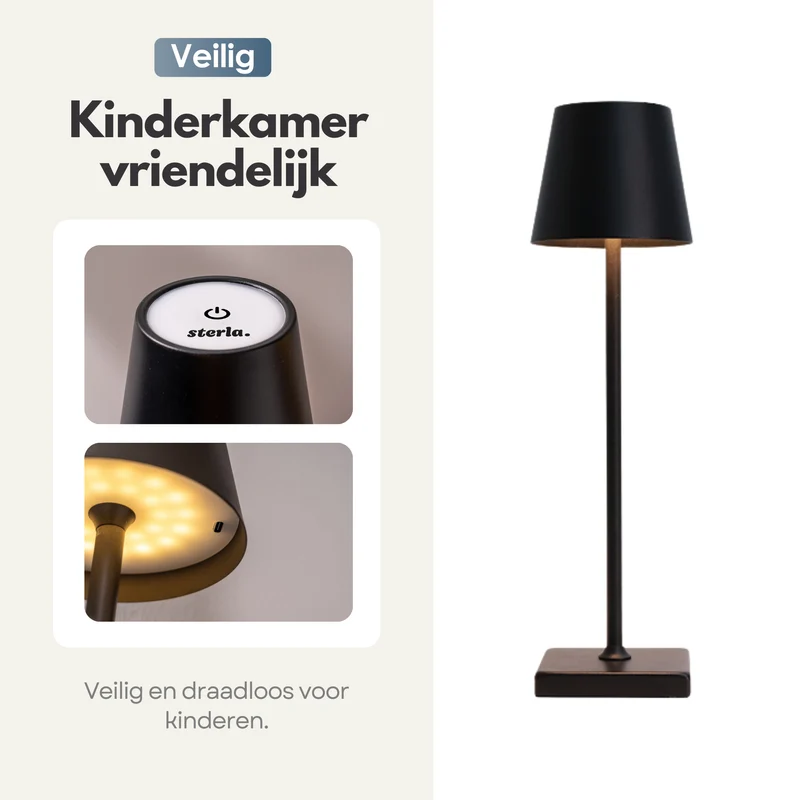 Oplaadbare Tafellamp met 3 Kleuren Dimbare LED's - 38cm Tafel Touch Lamp - 5200mAh Batterij - Zwart