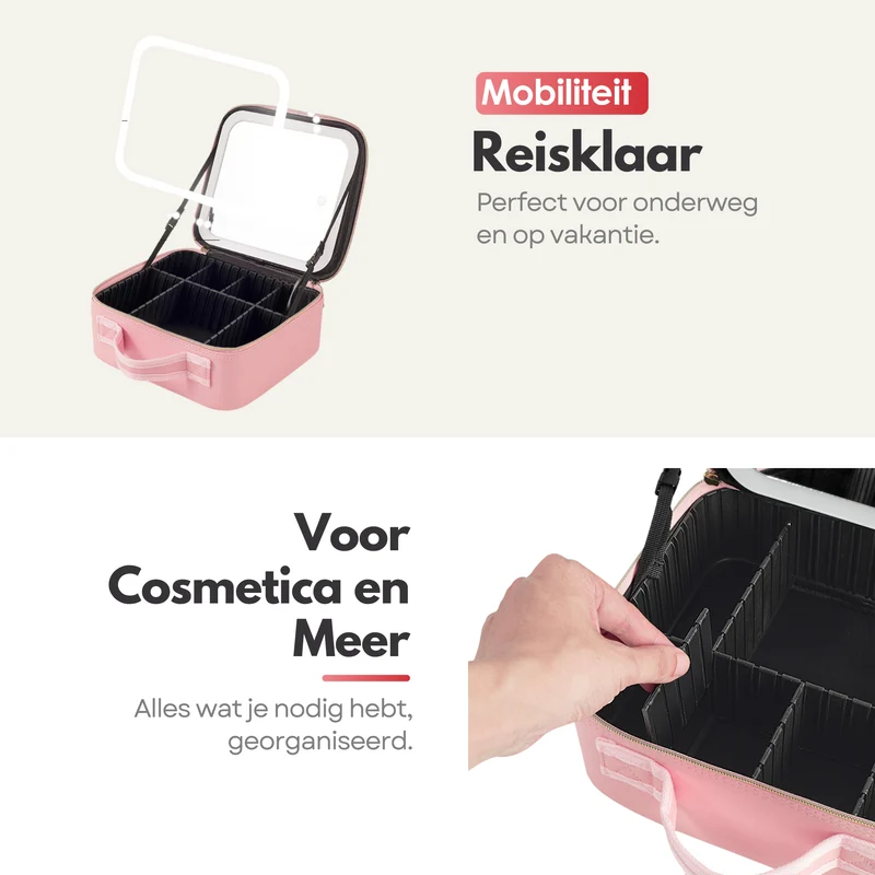 Luxe Beautycase Tas met Spiegel & LED Verlichting – Perfecte Make-up Koffer Organizer voor Dames - Roze