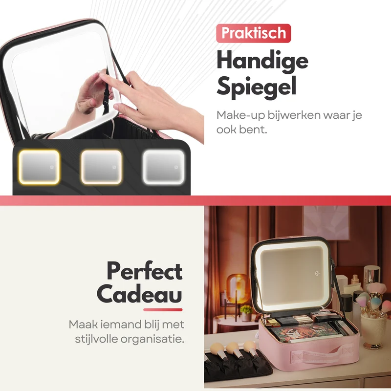 Luxe Beautycase Tas met Spiegel & LED Verlichting – Perfecte Make-up Koffer Organizer voor Dames - Roze