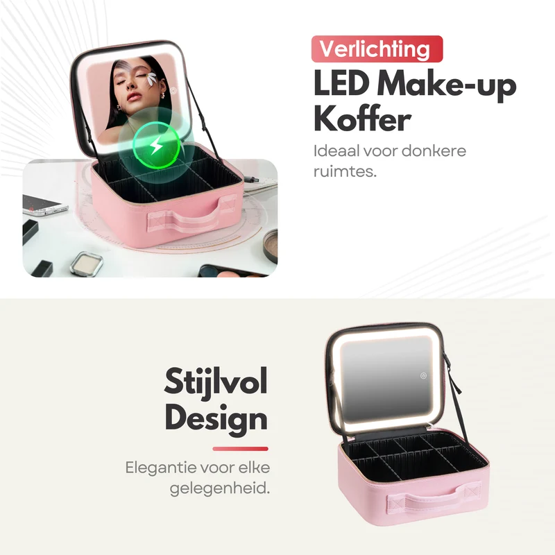Luxe Beautycase Tas met Spiegel & LED Verlichting – Perfecte Make-up Koffer Organizer voor Dames - Roze