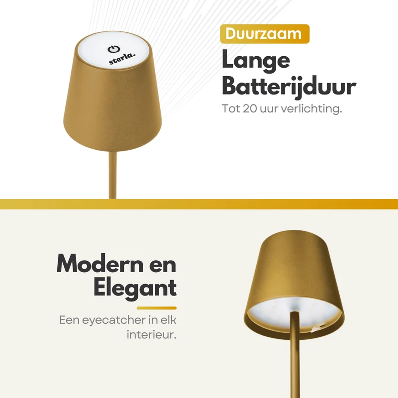 Oplaadbare Tafellamp met 3 Kleuren Dimbare LED's - 38cm Tafel Touch Lamp - 5200mAh Batterij - Goud