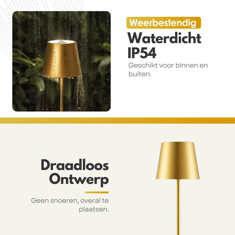 Oplaadbare Tafellamp met 3 Kleuren Dimbare LED's - 38cm Tafel Touch Lamp - 5200mAh Batterij - Goud