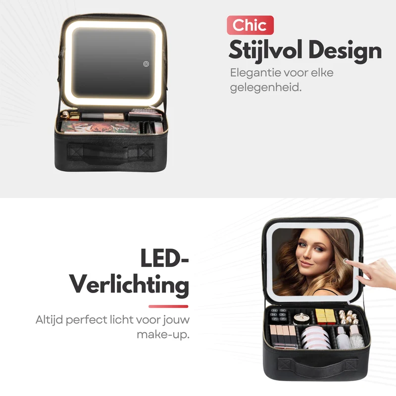 Luxe Beautycase Tas met Spiegel & LED Verlichting – Perfecte Make-up Koffer Organizer voor Dames - Zwart