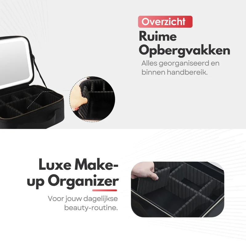 Luxe Beautycase Tas met Spiegel & LED Verlichting – Perfecte Make-up Koffer Organizer voor Dames - Zwart