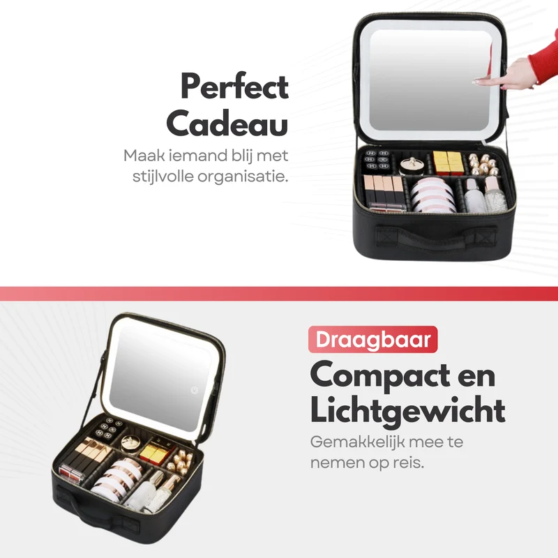 Luxe Beautycase Tas met Spiegel & LED Verlichting – Perfecte Make-up Koffer Organizer voor Dames - Zwart