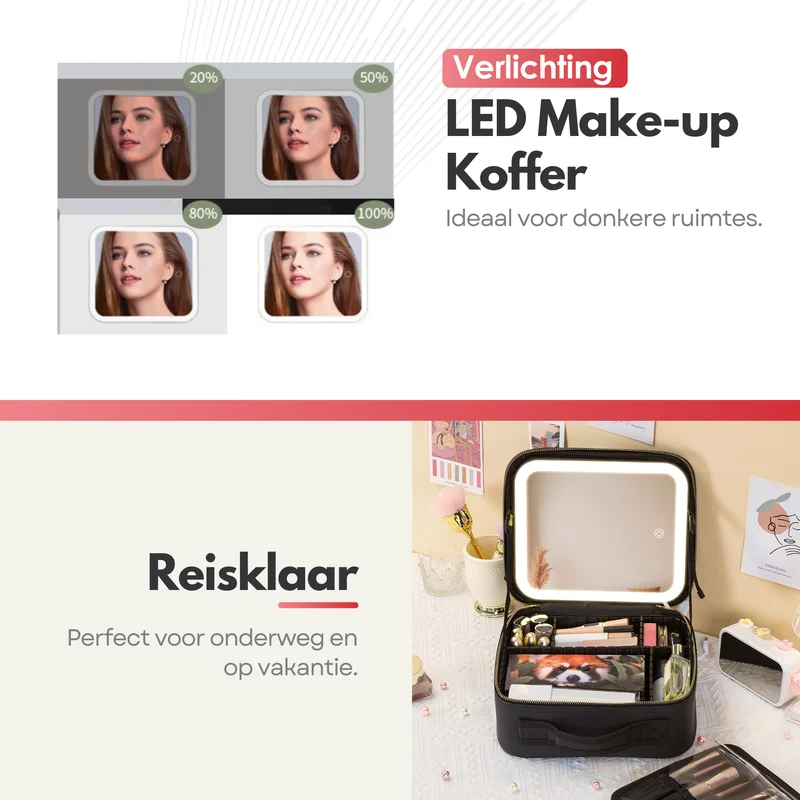 Luxe Beautycase Tas met Spiegel & LED Verlichting – Perfecte Make-up Koffer Organizer voor Dames - Zwart
