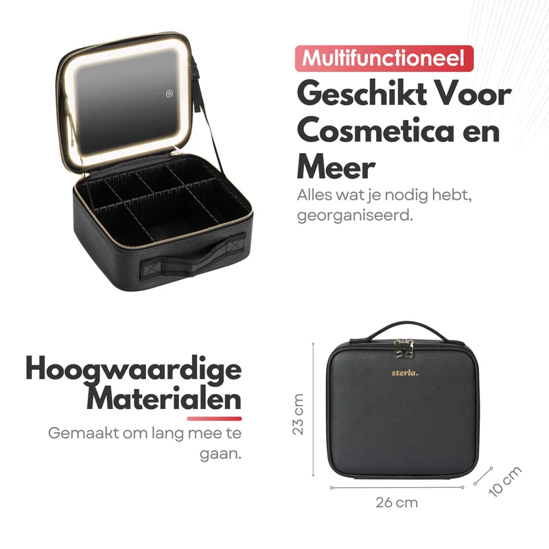 Luxe Beautycase Tas met Spiegel & LED Verlichting – Perfecte Make-up Koffer Organizer voor Dames - Zwart