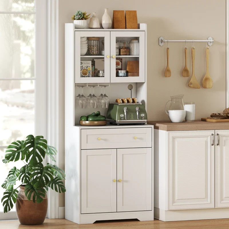Nancy's Pastrengo Keukenkast - Vitrinekast - Opbergkast - Wit - MDF / Glas - ± 70 x 40 x 170 cm