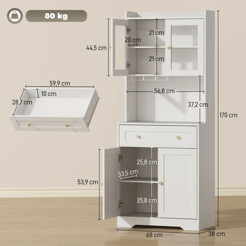 Nancy's Pastrengo Keukenkast - Vitrinekast - Opbergkast - Wit - MDF / Glas - ± 70 x 40 x 170 cm