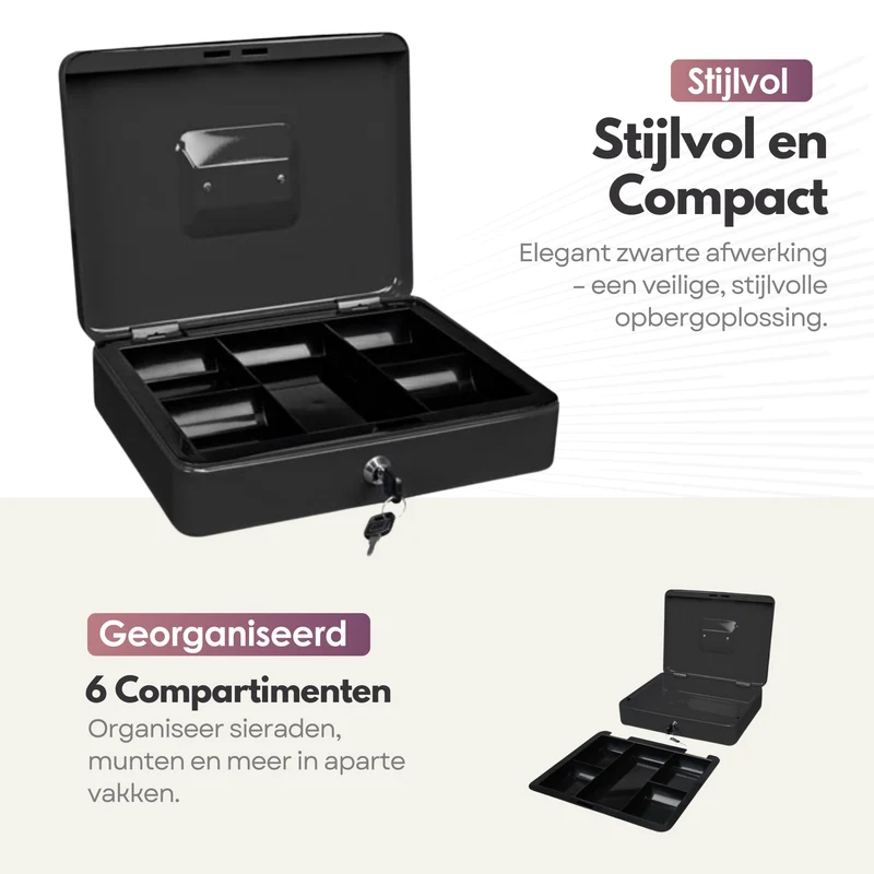 Sterla Geldkist – Geldkistje Metaal 30 x 24 x 9 cm – Robuuste Geldlade met Biljetten- en Muntenbak – Zwart (Tweede kansje)