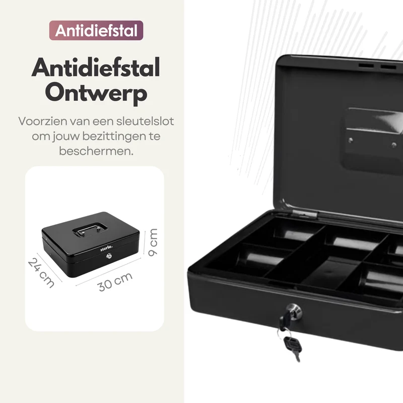 Sterla Geldkist – Geldkistje Metaal 30 x 24 x 9 cm – Robuuste Geldlade met Biljetten- en Muntenbak – Zwart (Tweede kansje)