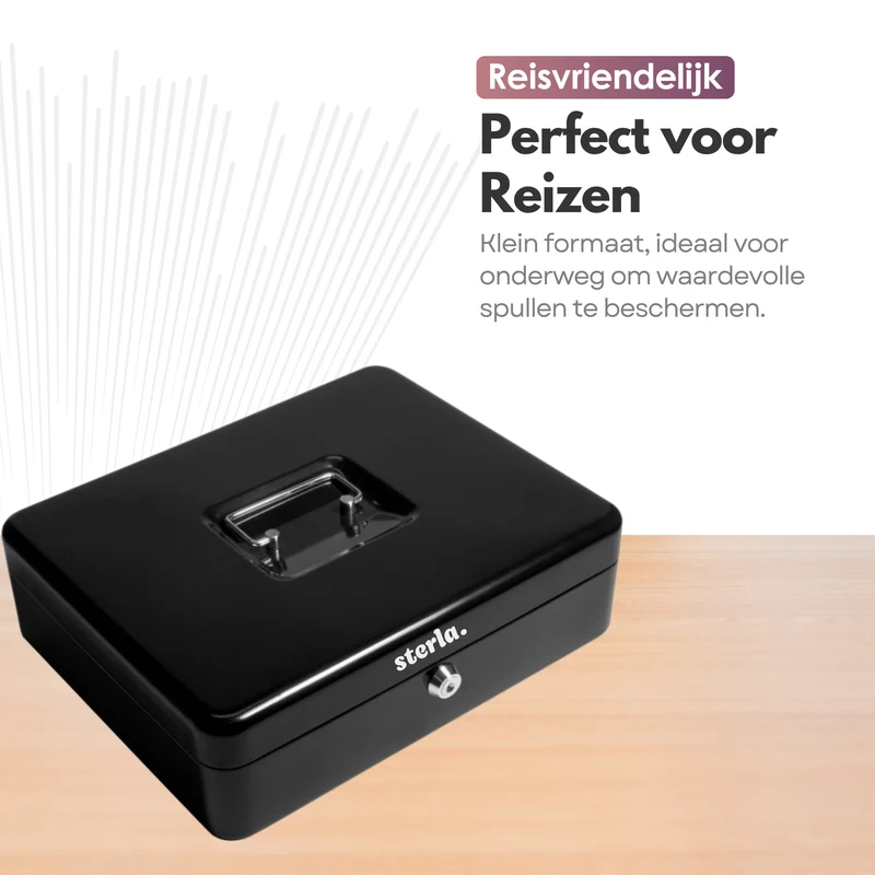 Sterla Geldkist – Geldkistje Metaal 30 x 24 x 9 cm – Robuuste Geldlade met Biljetten- en Muntenbak – Zwart (Tweede kansje)